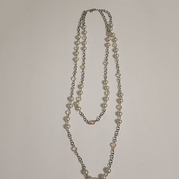 Layered Womens Necklace Faux White Pearl Pink Crystal Multifaceted Beads Chain - Picture 1 of 4